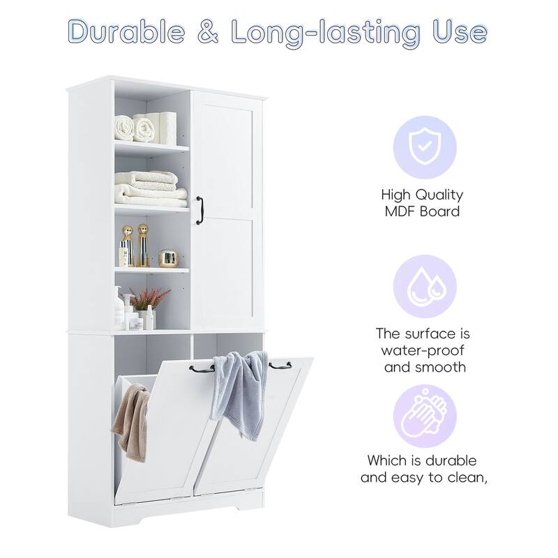 Bathroom Storage Cabinet with Tilt-Out Laundry Hampers, Adjustable Shelves & Door, Freestanding MDF Organizer