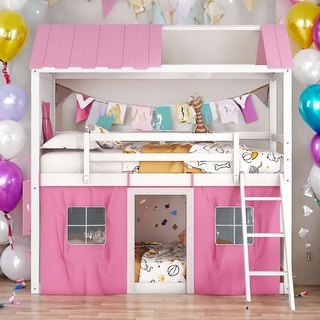 Twin Size Bunk Wood House Bed with Elegant Windows, Sills and Tent, Blue+White