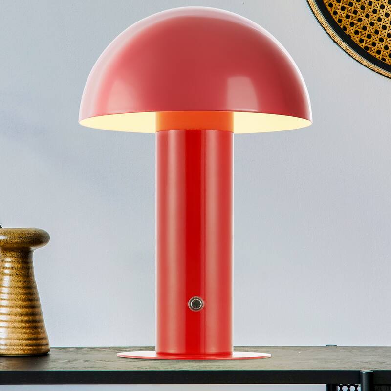 Porcini 10.75" Contemporary Bohemian Rechargeable/Cordless Iron Integrated LED Mushroom Table Lamp, by JONATHAN Y