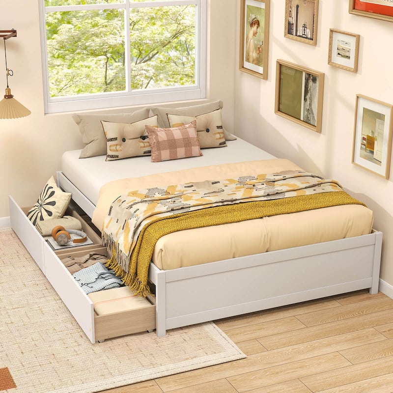 Costway Full/Queen Size Wooden Platform Bed with 2 Rolling Storage