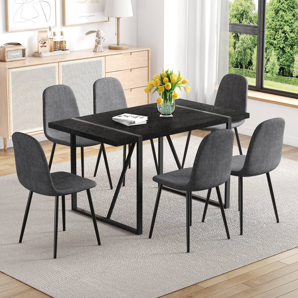 7-Piece Minimalist Retro Dining Table Set, 55-Inch Rectangular Table with Textured Top & 6 High-Resilience Fabric Chairs