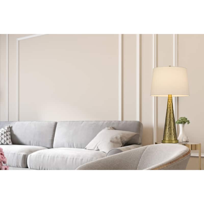 Antiqued Brass Metal Table Lamp with White Empire Fabric Shade and Rotary Switch - 14” x 14” x 27” (D x W x H)