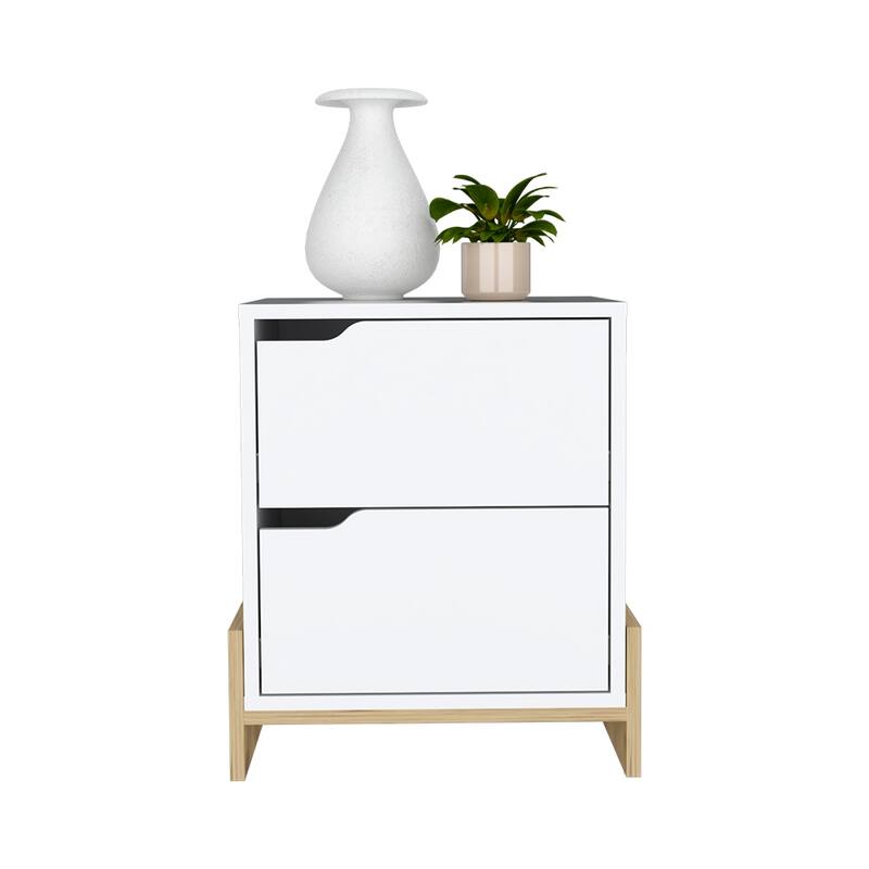 White & Macadamia Nightstand with 2 Drawers, Sturdy Base and Spacious Top