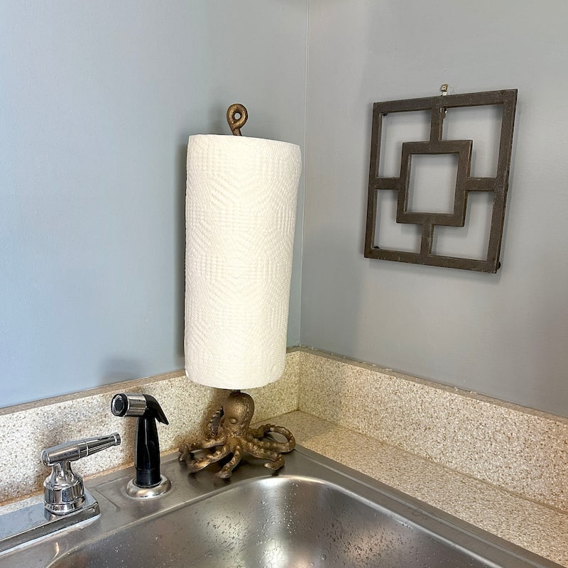 Bronze Cast Iron Octopus Paper Towel Holder Kitchen Bathroom Decor - 17 X 6.5 X 6.25 inches