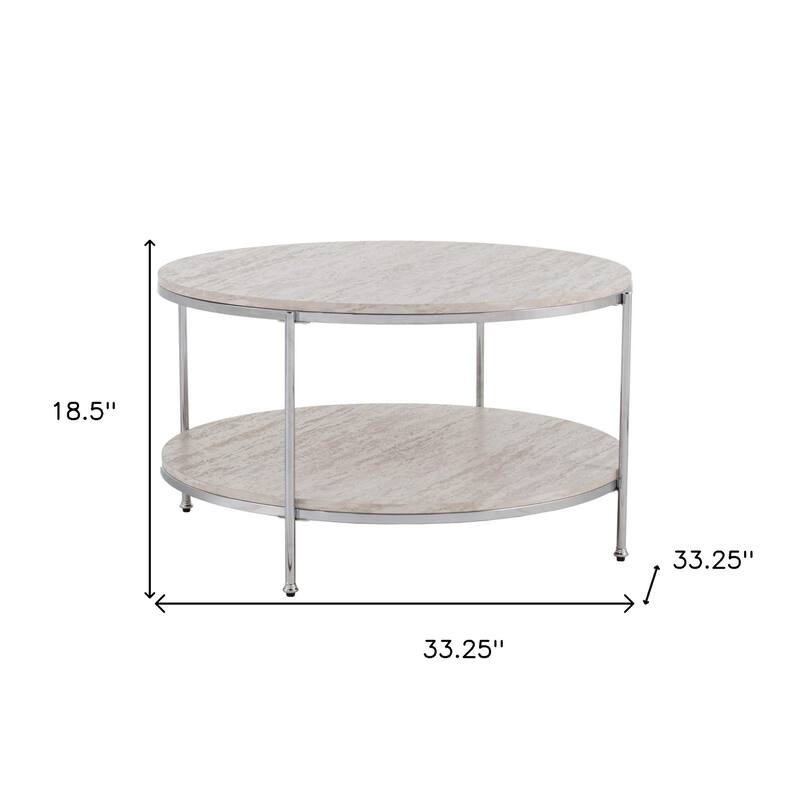33" Chrome Faux Marble And Metal Round Coffee Table - 18.5" H x 33.25" W x 33.25" D