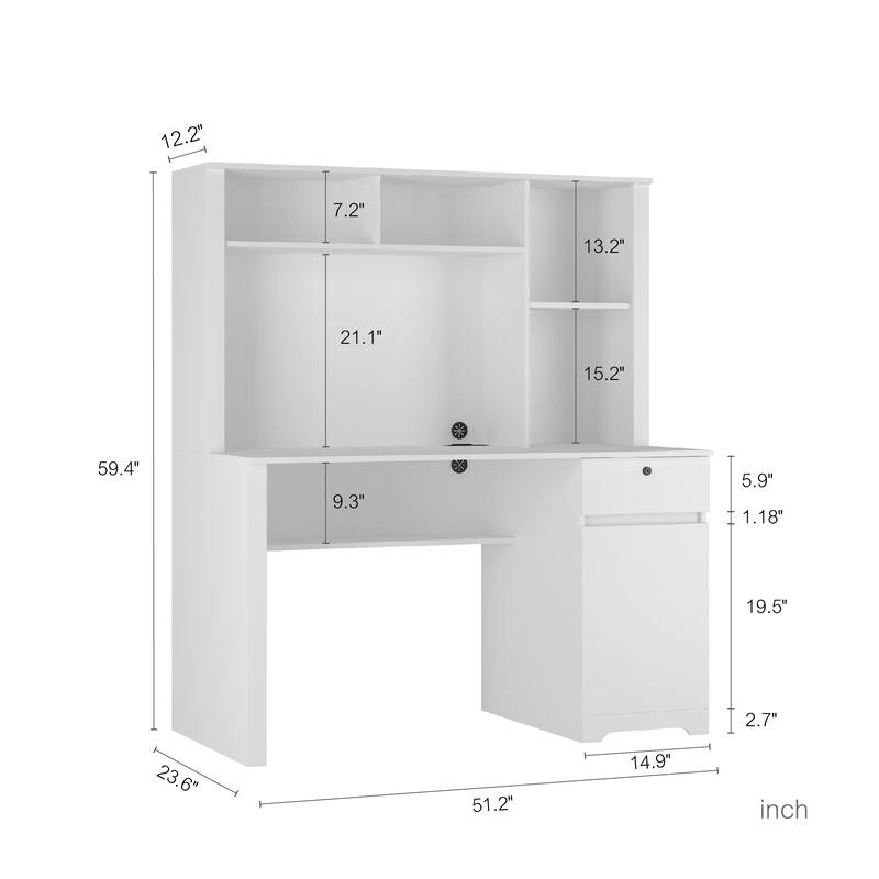 Roomfitters Computer Desk with Hutch & Bookshelf, Home Office Workstation, Space Saving Writing Table, Storage Shelves, White