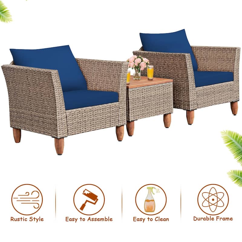 3 Pieces Patio Rattan Furniture Set with Washable Cushion for Yard Porch - 29" x 27" x 28"(L x W x H)