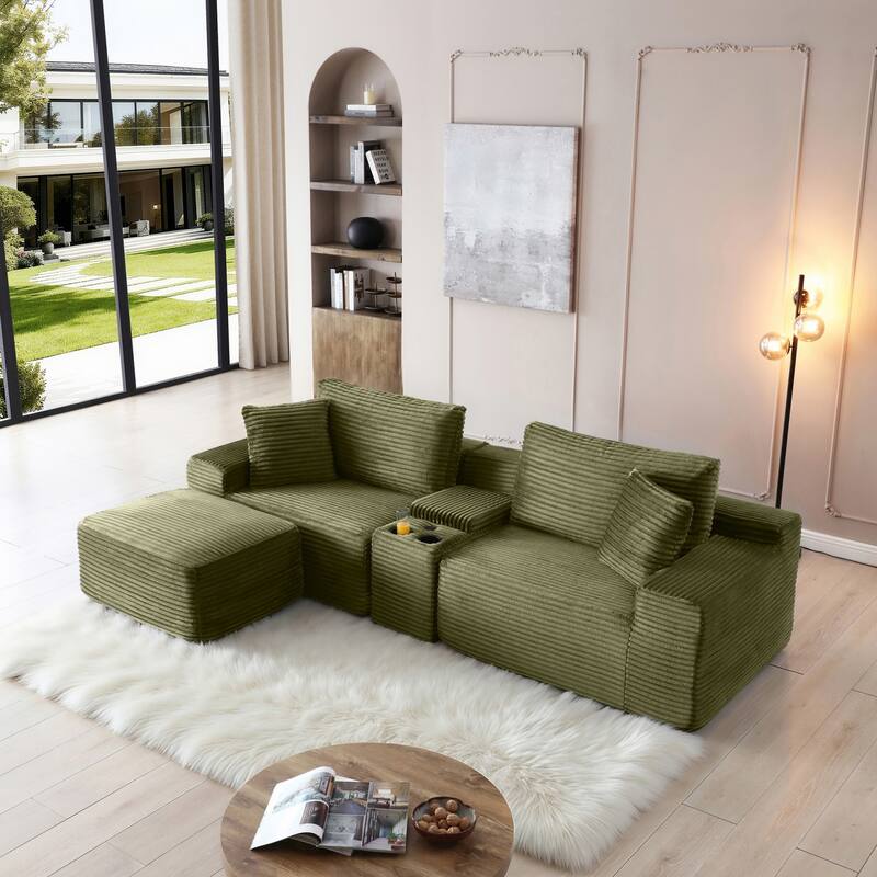 111" L-Shaped Corduroy Boneless Sectional Sofa with Ottoman - Green