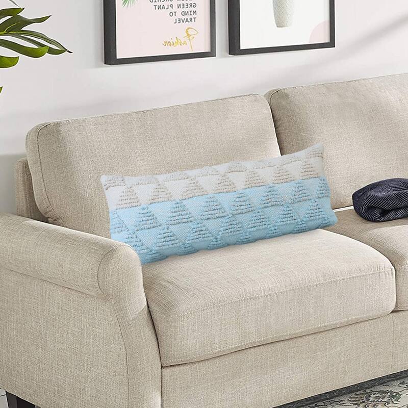 HomeRoots 14" X 36" Light Blue And Off-White 100% Cotton Geometric Zippered Pillow