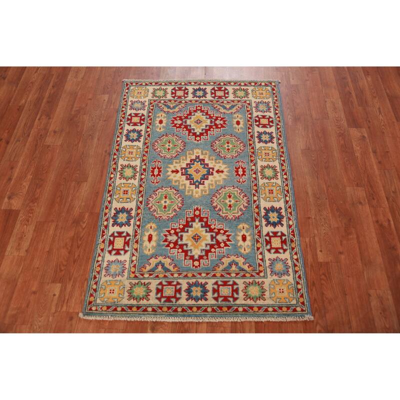 Light Blue Traditional Kazak Foyer Rug Hand-Knotted Wool Carpet - 2'7"x 3'11"