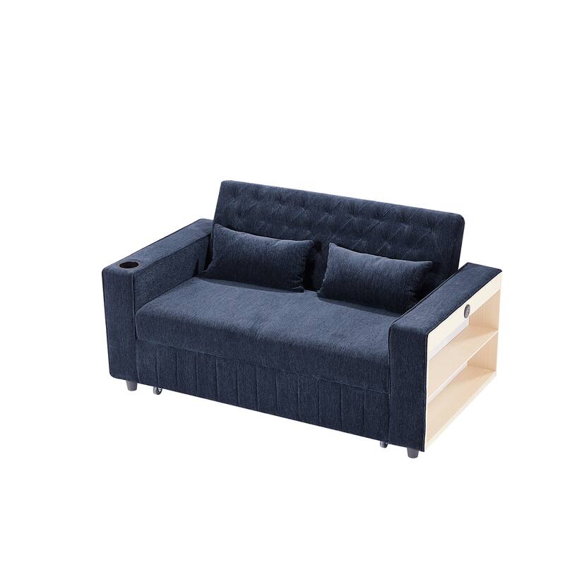 61.41" Chenille Convertible Sofa Bed with Adjustable Backrest, USB & Cup Holders