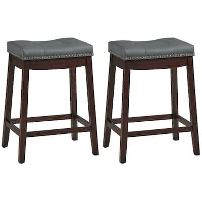 Set of 2 Comfortable Saddle Seat Bar Stool with Rubber Wood Legs and Footrest for Kitchen or Dining - 19" x 14" x 24"(L x W x H)