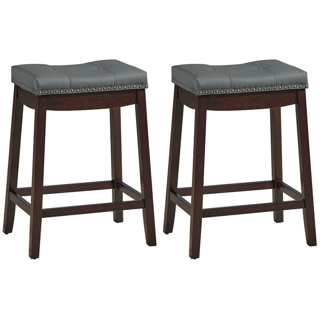 Set of 2 Comfortable Saddle Seat Bar Stool with Rubber Wood Legs and Footrest for Kitchen or Dining - 19" x 14" x 24"(L x W x H)