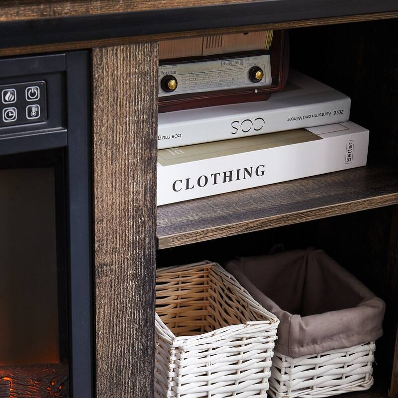 Antique Brown Modern TV Stand with Built-In Fireplace & Sliding Door Storage, 58" Wide Entertainment Console