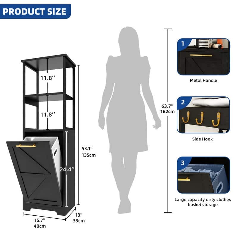 53"H 3-Tier Tilt Out Laundry Hamper Bathroom Storage Shelf Cabinet