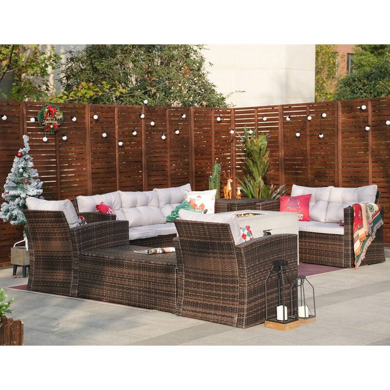 7-Piece Outdoor Rattan Conversation Sofa Set with Fire Pit Table