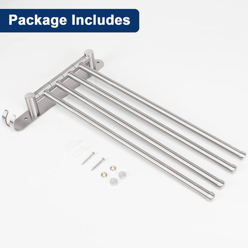 4-Arm Rust-Proof Swivel Towel Rack, 304 Stainless Steel with Hooks for Bathroom, Kitchen
