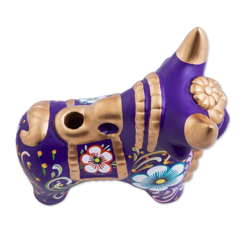 Handmade Ceramic Figurine, 'Purple Pucara Bull' (Peru)