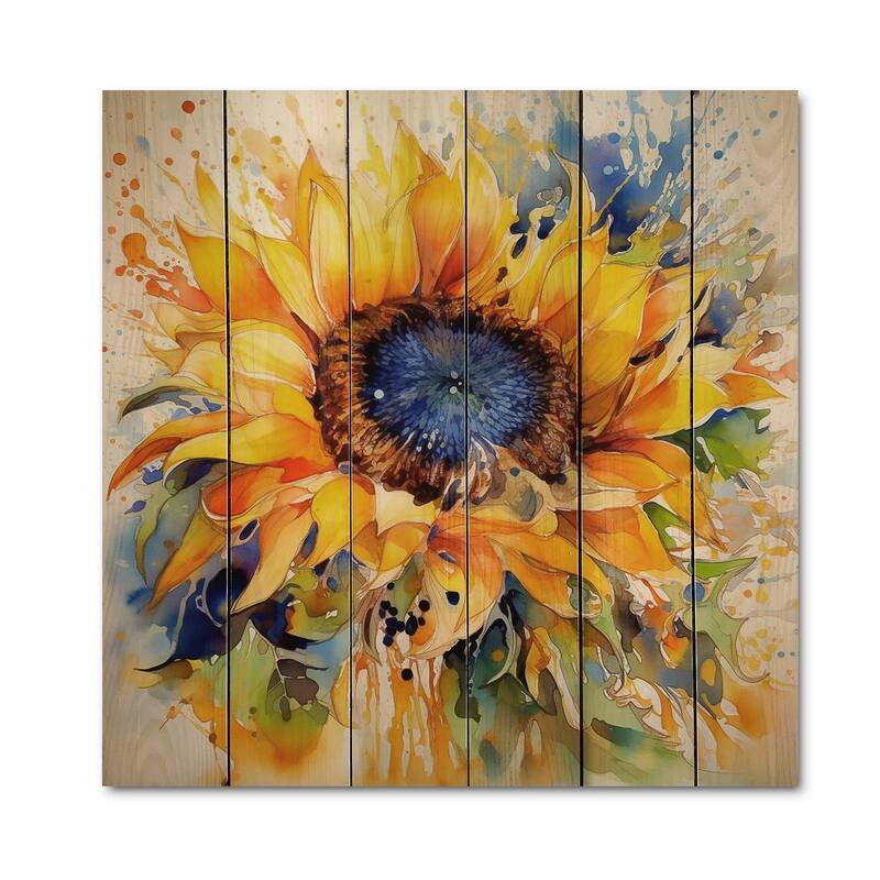 Designart "Yellow Blue Golden Cheerful Sunflowers" Floral Print on Natural Pine Wood