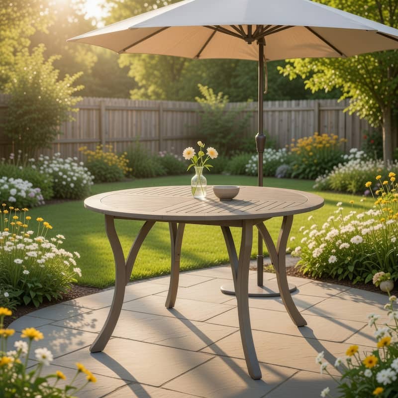 Olen Outdoor Round Dining Table, Curved Legs, Gray Acacia Wood 47 Inch