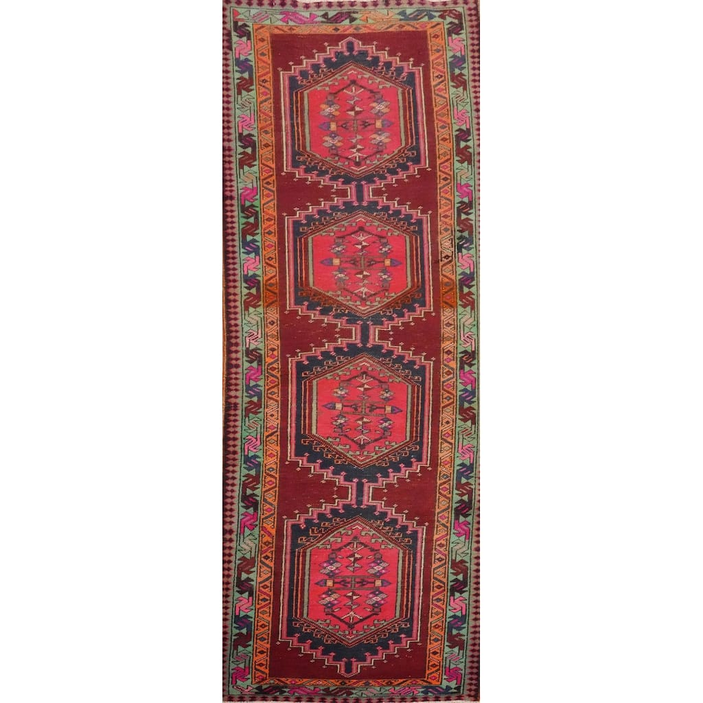 Hand Knotted Oriental 100% Wool Carpet Traditional Geometric Red Ardebil Runner Rug - 10' 6'' X 3' 4''