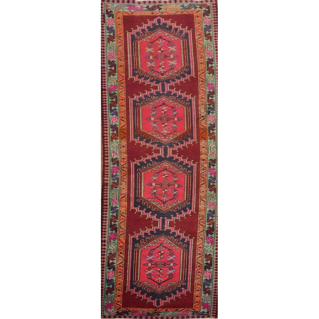 Hand Knotted Oriental 100% Wool Carpet Traditional Geometric Red Ardebil Runner Rug - 10' 6'' X 3' 4''