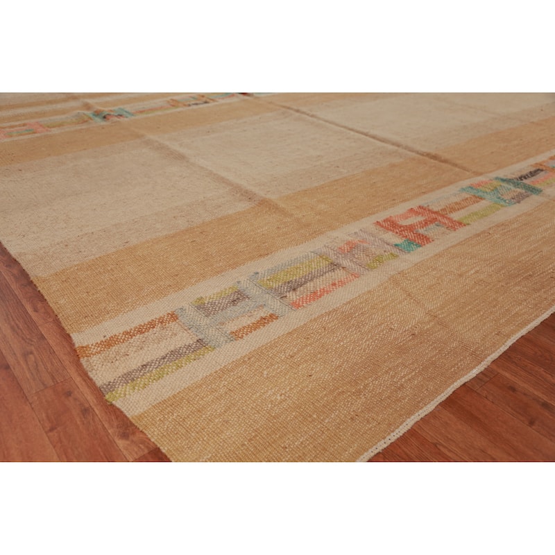Hand Woven Oriental 100% Jute Carpet Modern Stripe Beige & Ivories Kilim Area Rug - 13' 11'' X 10' 3''