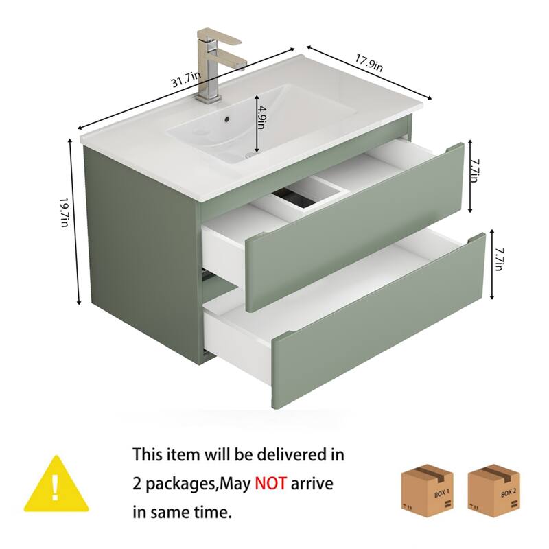 32 Inch Floating Bathroom Vanity with One-piece Ceramic Sink, Wall Mounted Cabinet with 2 Drawers