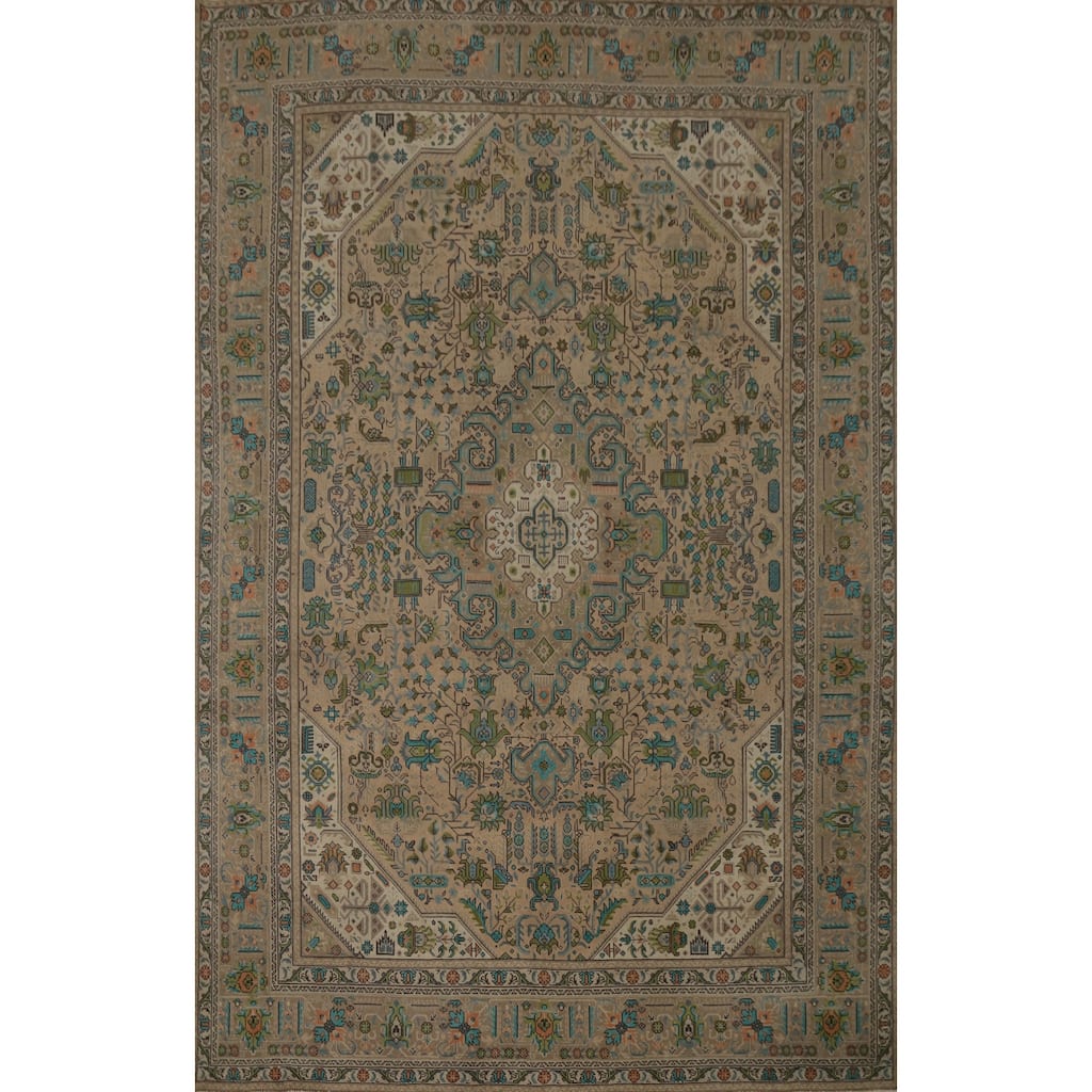 Hand Knotted Oriental 100% Wool Carpet Traditional Floral Beige & Ivories Tabriz Area Rug - 11' 2'' X 8' 0''