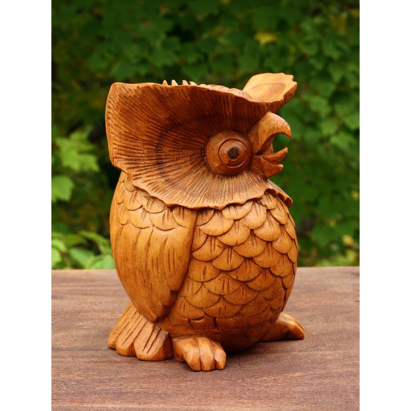 Wooden Hand Carved Owl Statue Figurine Sculpture Art Decorative Home Decor Accent Handmade Handcrafted Decoration Bird