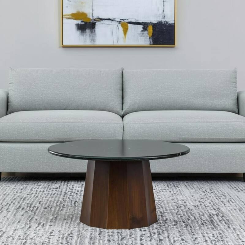 HomeRoots 35" Black and Walnut Genuine Marble and Solid Wood Round Pedestal Coffee Table - 35.00 in. x 18.10 in. x 35.00 in. - Black