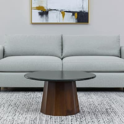 HomeRoots 35" Black and Walnut Genuine Marble and Solid Wood Round Pedestal Coffee Table - 35.00 in. x 18.10 in. x 35.00 in.