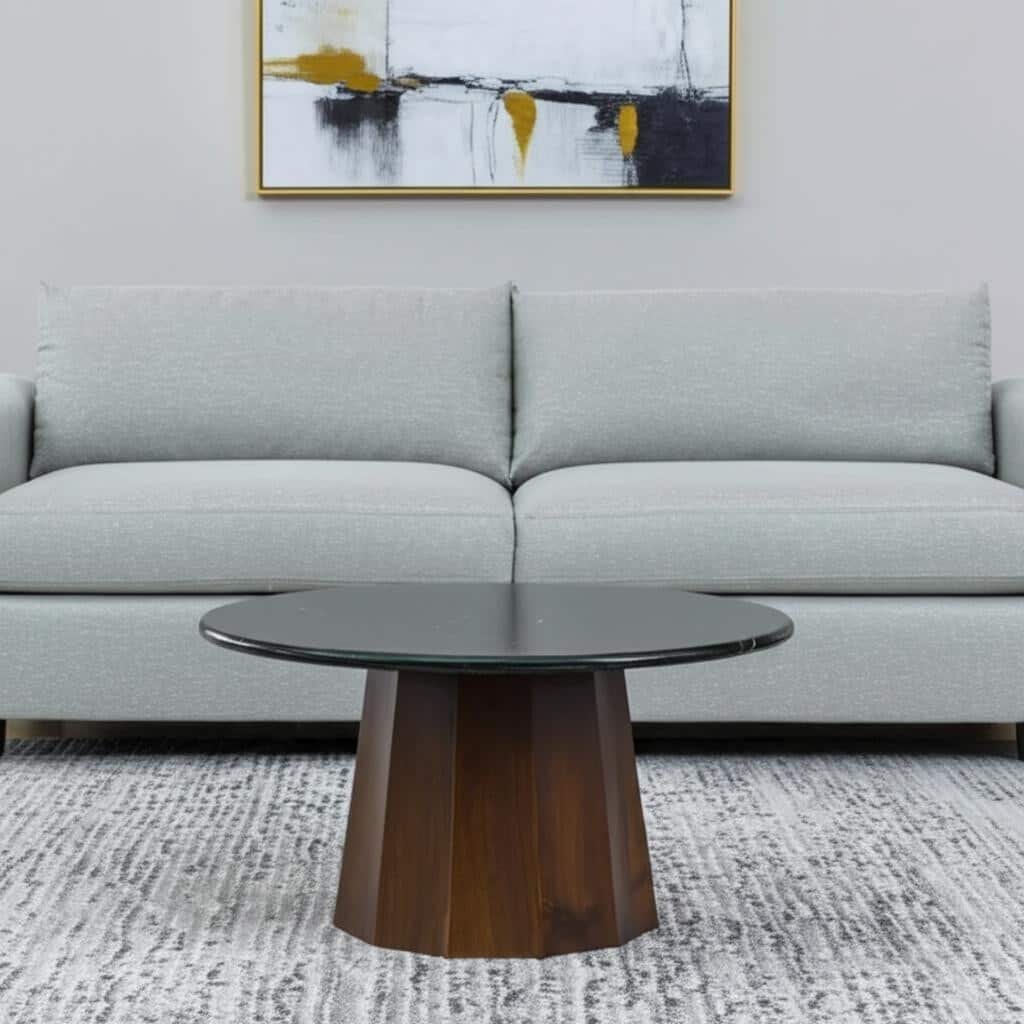 HomeRoots 35" Black and Walnut Genuine Marble and Solid Wood Round Pedestal Coffee Table - 35.00 in. x 18.10 in. x 35.00 in.