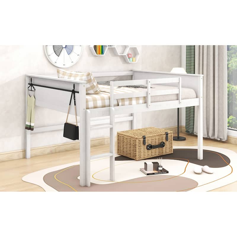 Full Size Low Loft Bed Hanging Clothes Racks, Wood Junior Loft Bed