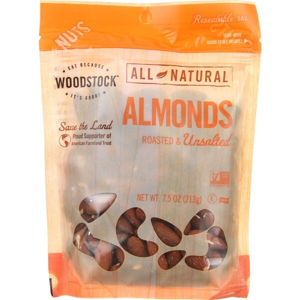 Woodstock Almonds - Whole - Roasted - Unsalted - Case of 8 - 7.5 oz.