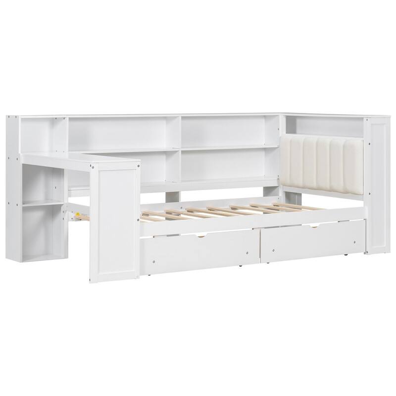 Wood Twin Size Platform Bed with Storage Shelves, Drawers, Charging Station, LED, Desk and Upholstered Headboard