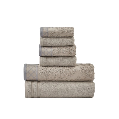 Noa 6 Piece Soft Egyptian Cotton Towel Set, Solid Damask Pattern, Dark Gray