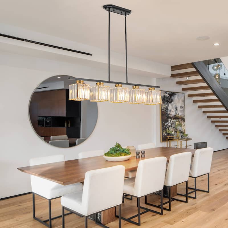 Modern Kitchen Island Lighting 5 Light Linear Chandelier with Crystal Shade - Multi - W 39.37"