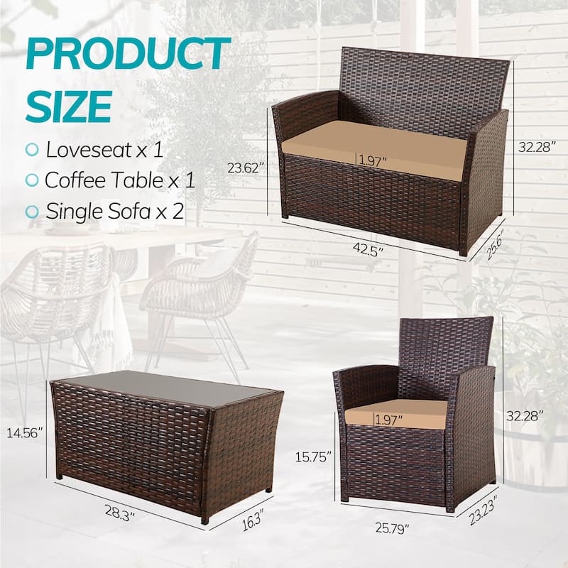 4 PCS Wicker Patio Conversation Set Rattan Seating Sofa Chair