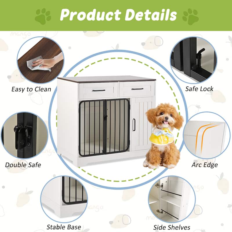 37.4" Dog Crate Furniture, Indoor Dog Kennel with 2 Drawers and Storage Cabinet, Modern Furniture Dog Crate Side End Table