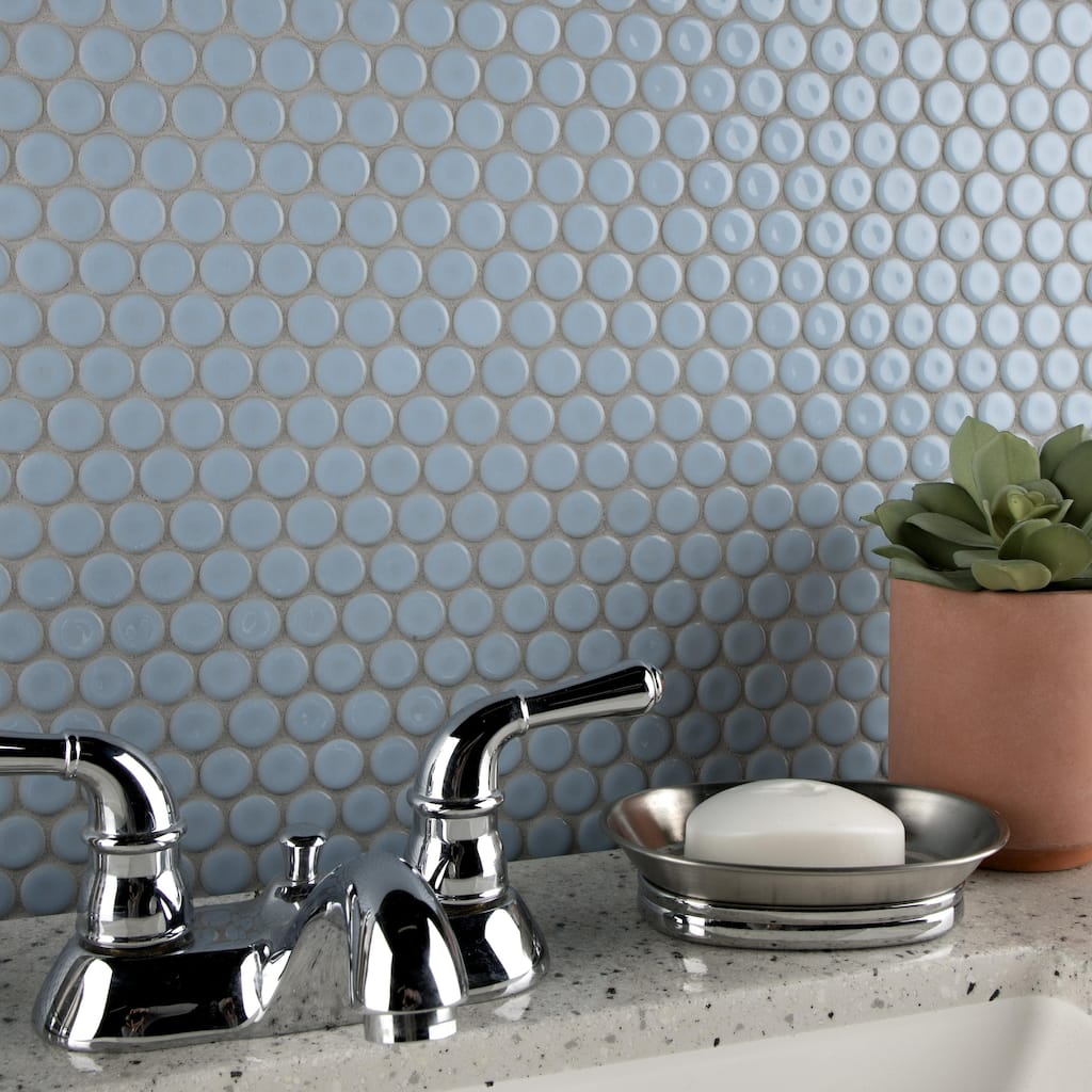 Merola Tile Hudson Penny Round Cashmere Blue 11-7/8" x 12-5/8" Porcelain Floor and Wall Tile