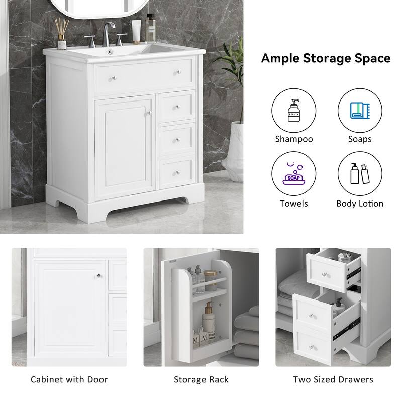 30" Bathroom Vanity with Sink, Freestanding Cabinet with 2 Drawers, Door Shelf Design, Painted Finish