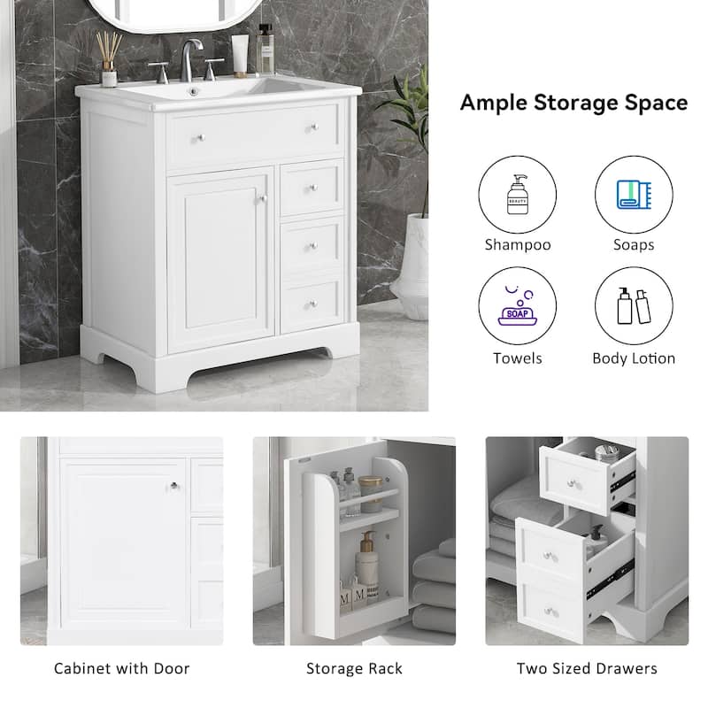 Vanity Cabinet for Bathroom with Sink Top, Door Rack and 2 Drawers
