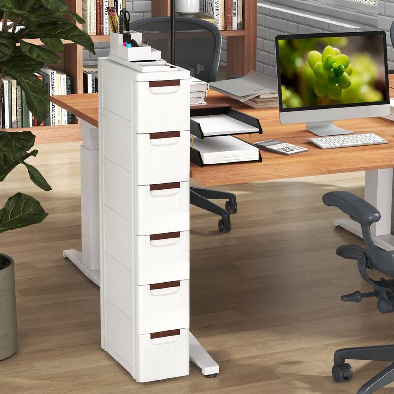 Gymax 6-Drawer Narrow Rolling Storage Cabinet w/ Pull Handles Built-in