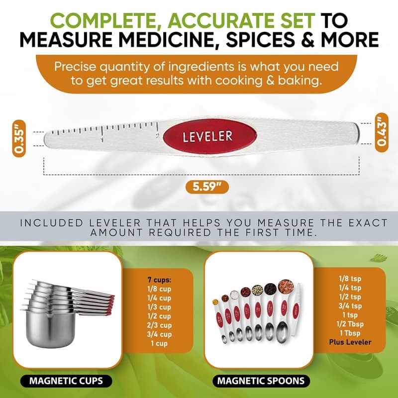 Magnetic Measuring Cups & Spoons Set, Strong Magnets, Set of 15 - Set of 15