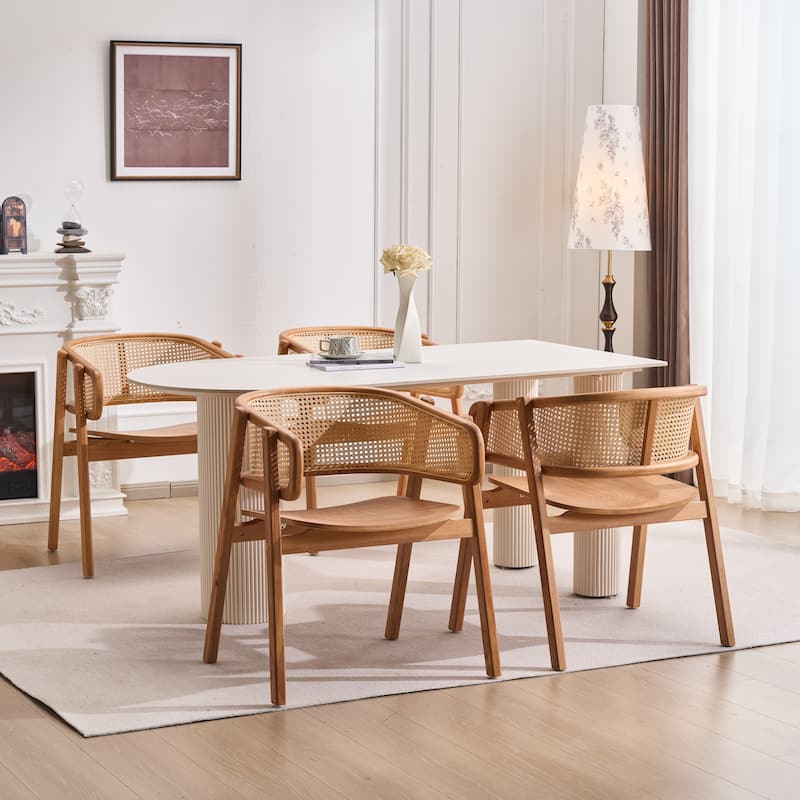 Christopher Knight Home - Mid-Cenutry Natural Rattan Mesh Dining Chairs Set with Ergonomic Curved Back and Armrests