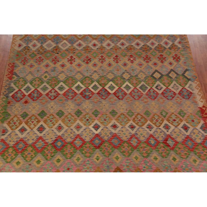 Geometric Kilim Oriental Large Rug Multi-Color Flatweave Wool Carpet - 10'3"x 15'10"