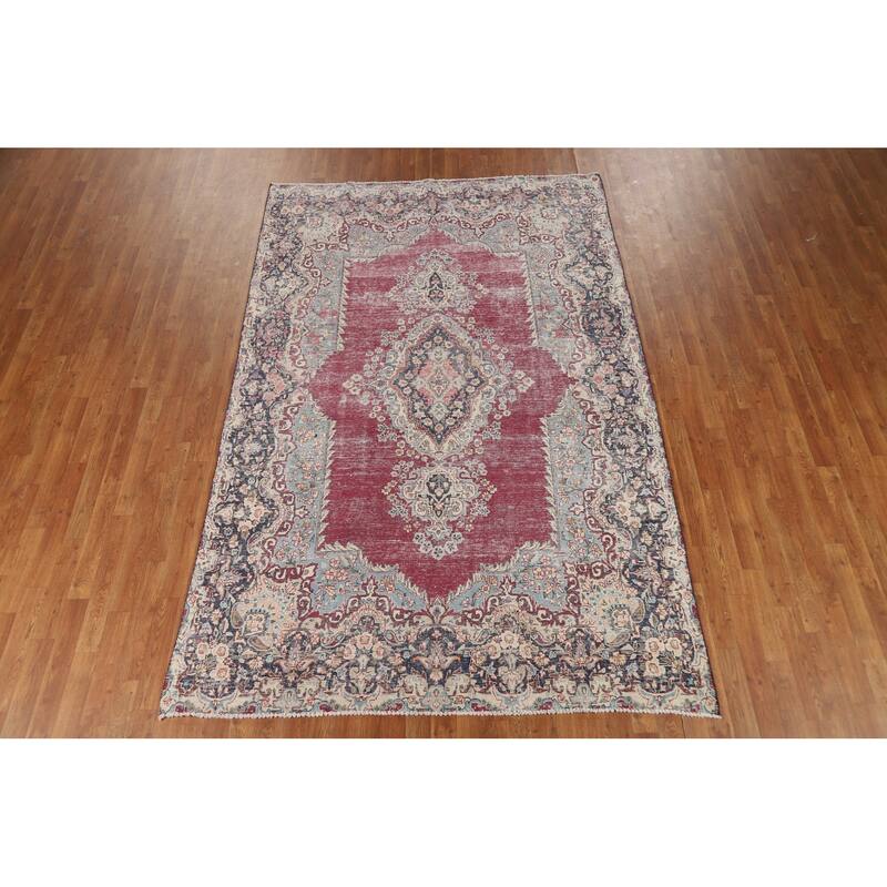 Medallion Kerman Oriental Vintage Area Rug Hand-Knotted Wool Carpet - 6'1"x 9'5"