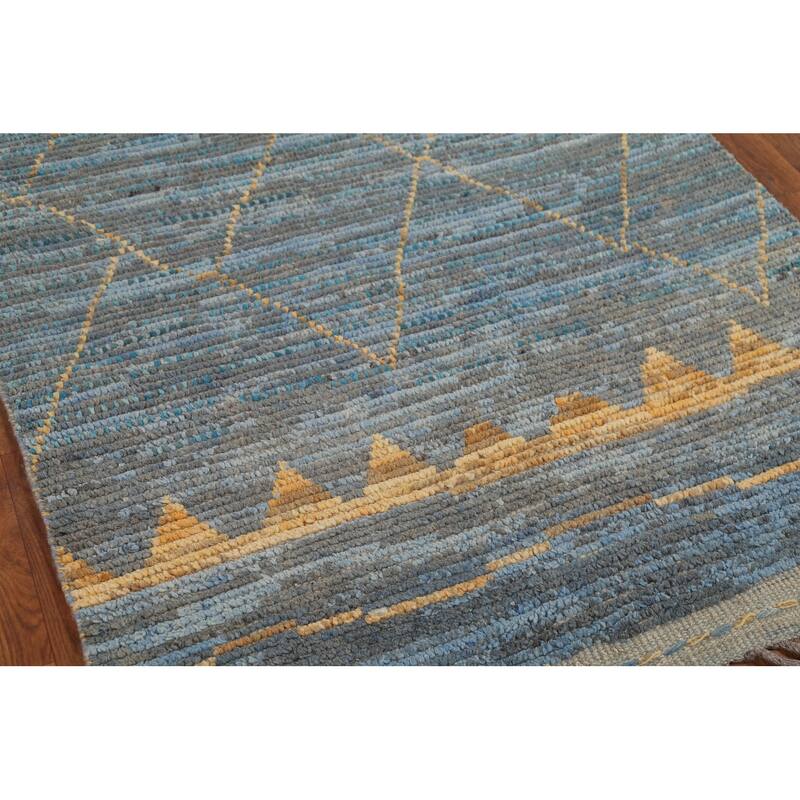 Trellis Blue Moroccan Oriental Runner Rug Hand-Knotted Wool Carpet - 4'0"x 12'3"