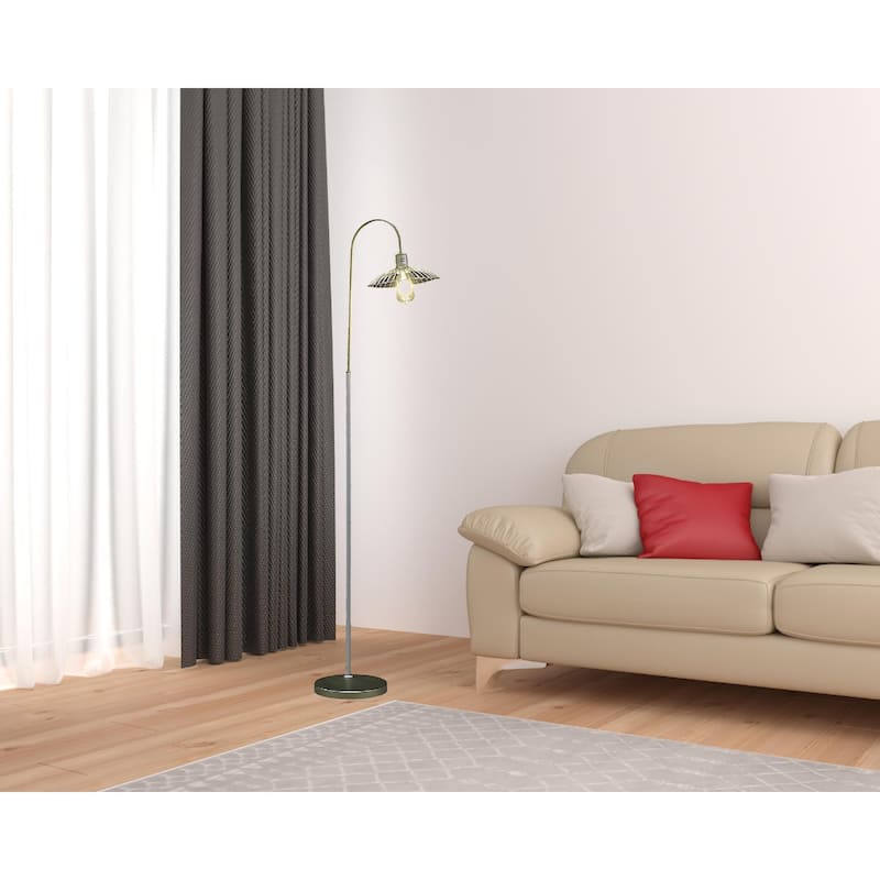 Gold Metal Arched Floor Lamp with Cage Shade and Foot Switch - 13” x 10” x 64.25” (D x W x H)